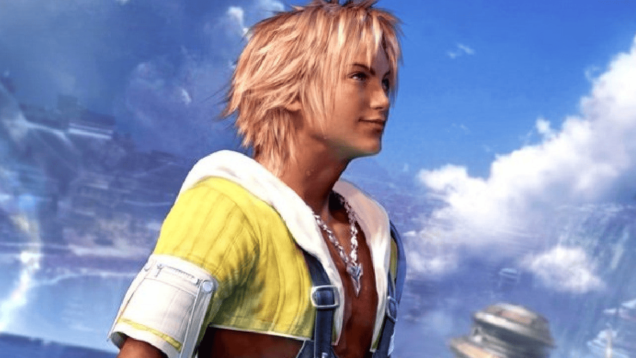 imagem mostra uma cena do jogo "Final Fantasy X", nela, há um personagem em 2d com o cabelo louro espetado olhando para alguma coisa